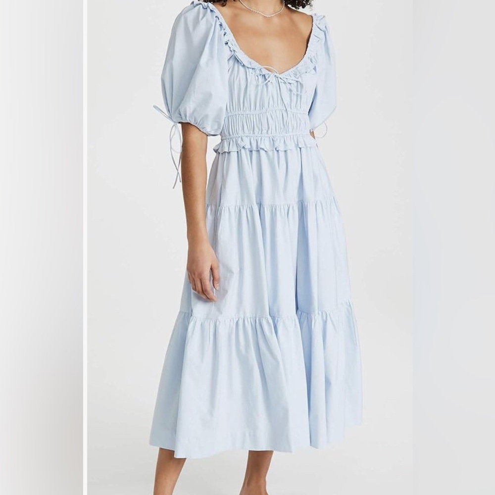 NWT M En Saison Brielle Baby Blue Tiered Peasant Puff Sleeve Dress midi Length